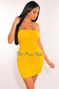 Yellow Double Elastic Straps Crisscross Ruched Dress