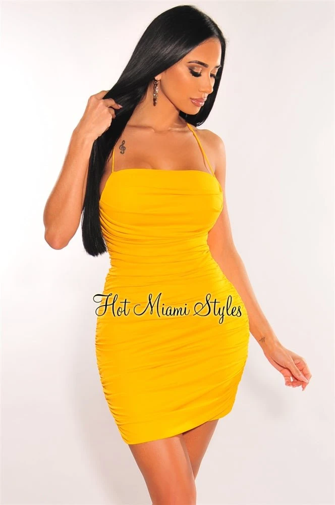 Yellow Double Elastic Straps Crisscross Ruched Dress 1 Yellow Double Elastic Straps Crisscross Ruched Dress