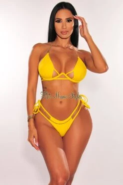Yellow Gold Chain Underwire Strappy Tie Up Cut Out Bikini
