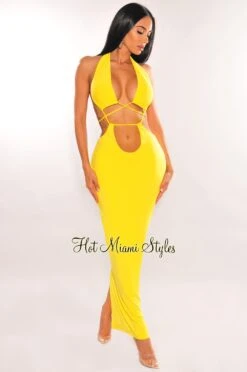Yellow Halter Drawstring Keyhole Cut Out Dress