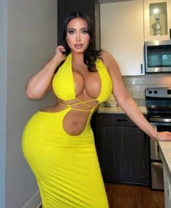 Yellow Halter Drawstring Keyhole Cut Out Dress -Miamis Style Shop yellow halter drawstring keyhole cut out dress hot miami styles 664092