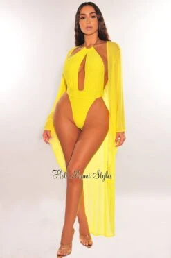 Yellow Mesh Long Sleeve High Low Cut Cover Up