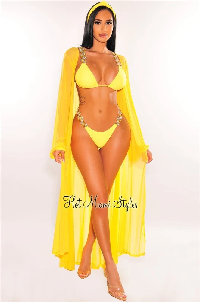 Yellow Mesh Long Sleeves Belted Maxi Cover Up 2 Yellow Mesh Long Sleeves Belted Maxi Cover Up - Image 2