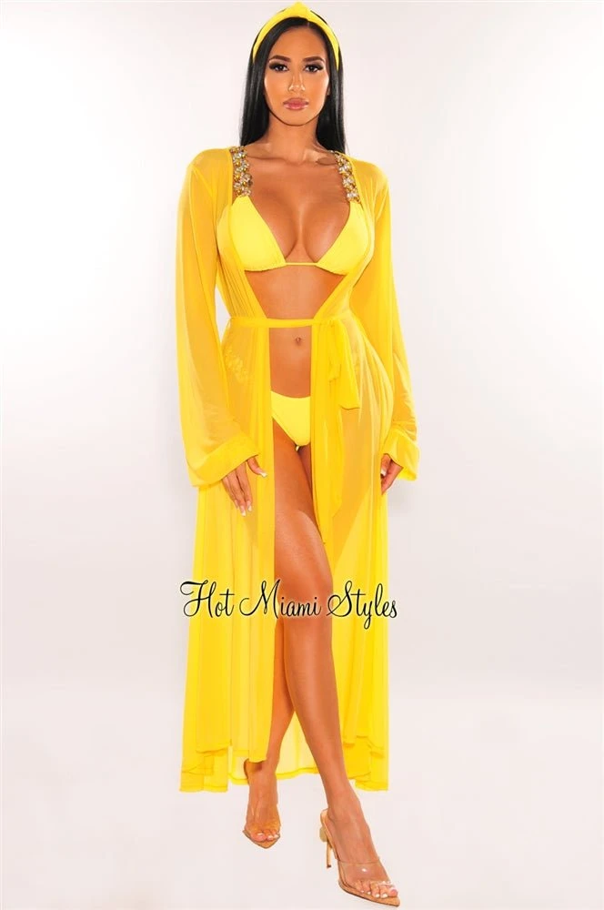 Yellow Mesh Long Sleeves Belted Maxi Cover Up 1 Yellow Mesh Long Sleeves Belted Maxi Cover Up
