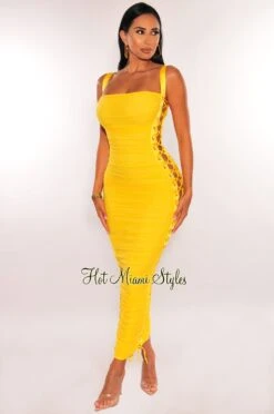 Yellow Mesh Spaghetti Strap Lace Up Sides Ruched Dress