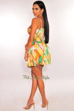 Yellow MultiColor Print Spaghetti Strap Ruched Cut Out Pleated Mini Dress 7 Yellow MultiColor Print Spaghetti Strap Ruched Cut Out Pleated Mini Dress -Miamis Style Shop yellow multicolor print spaghetti strap ruched cut out pleated mini dress hot miami styles 828939
