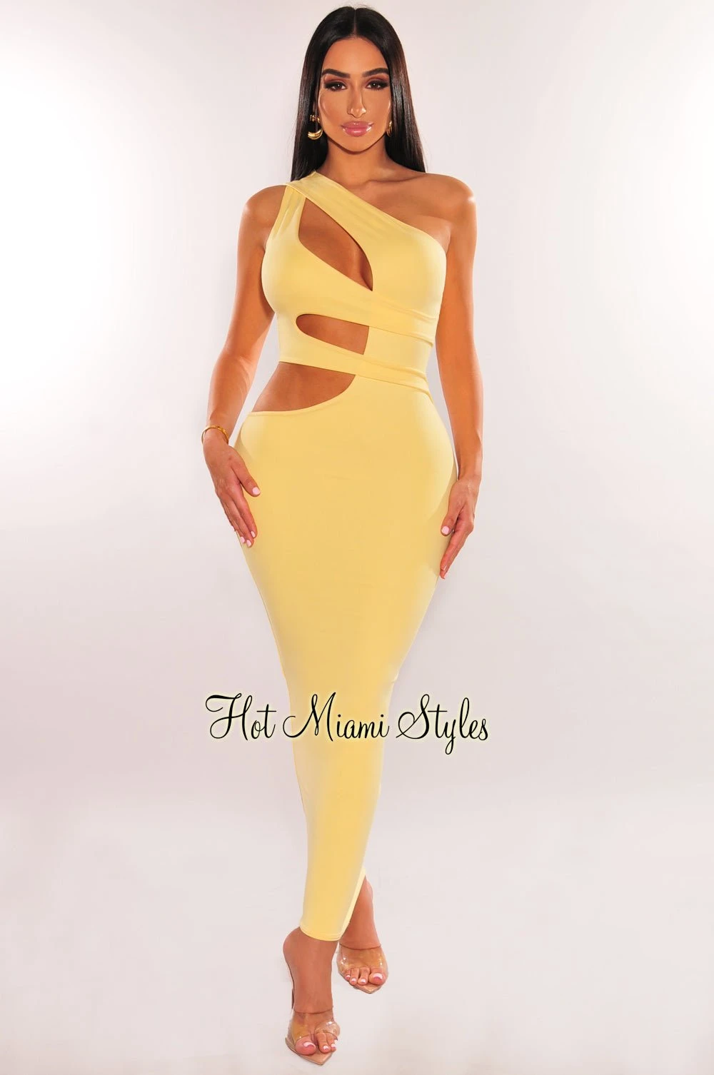 Yellow One Shoulder Cut Out Midi Dress 1 Yellow One Shoulder Cut Out Midi Dress