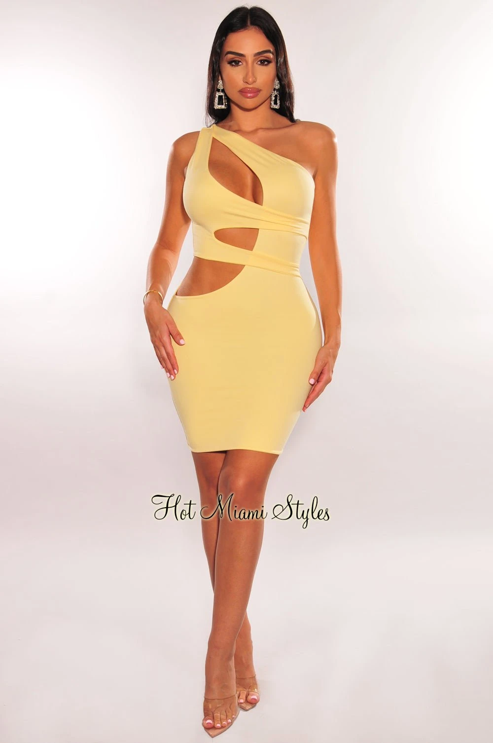 Yellow One Shoulder Cut Out Mini Dress 3 Yellow One Shoulder Cut Out Mini Dress - Image 3