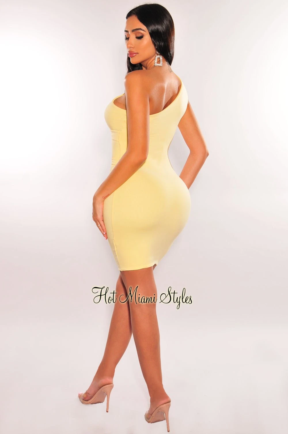Yellow One Shoulder Cut Out Mini Dress 4 Yellow One Shoulder Cut Out Mini Dress - Image 4