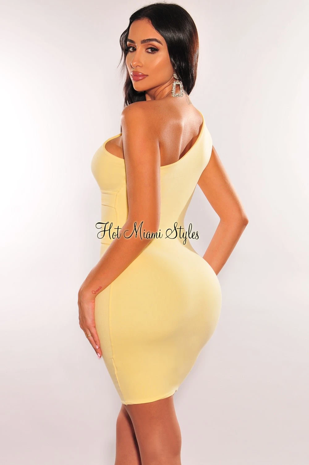 Yellow One Shoulder Cut Out Mini Dress 2 Yellow One Shoulder Cut Out Mini Dress - Image 2