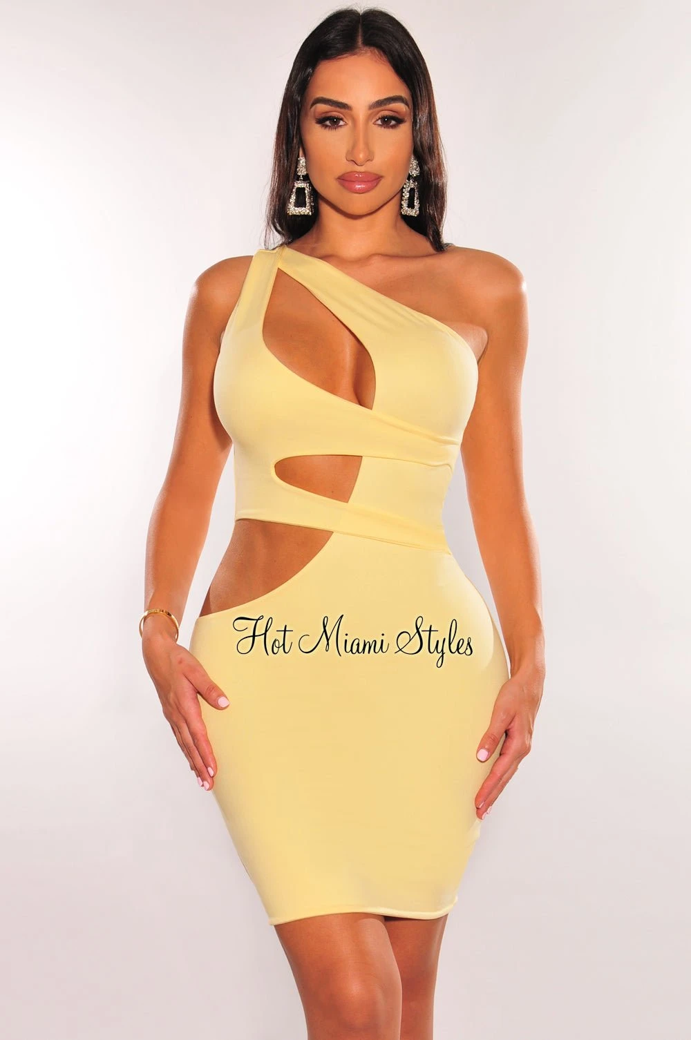 Yellow One Shoulder Cut Out Mini Dress 1 Yellow One Shoulder Cut Out Mini Dress