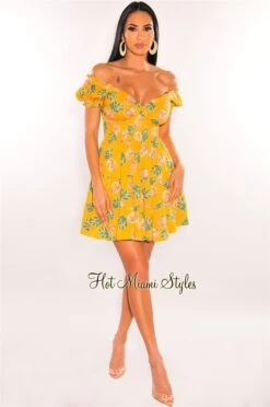 Yellow Pineapple Print Off Shoulder Short Sleeves Babydoll Dress -Miamis Style Shop yellow pineapple print off shoulder short sleeves babydoll dress hot miami styles 368809