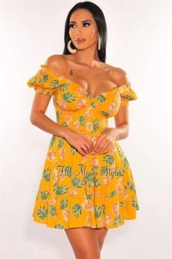 Yellow Pineapple Print Off Shoulder Short Sleeves Babydoll Dress
