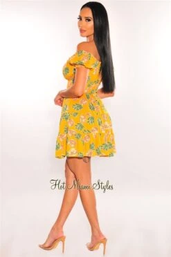 Yellow Pineapple Print Off Shoulder Short Sleeves Babydoll Dress -Miamis Style Shop yellow pineapple print off shoulder short sleeves babydoll dress hot miami styles 982221