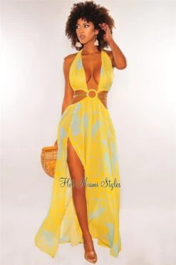 Yellow Print O-Ring Cut Out Gold Belted Double Slit Maxi Dress