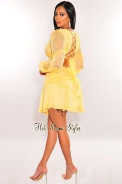 Yellow Ruffle Cut Out Lace Up Long Sleeves Dress -Miamis Style Shop yellow ruffle cut out lace up long sleeves dress hot miami styles 395040