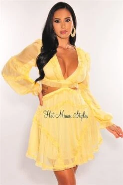 Yellow Ruffle Cut Out Lace Up Long Sleeves Dress
