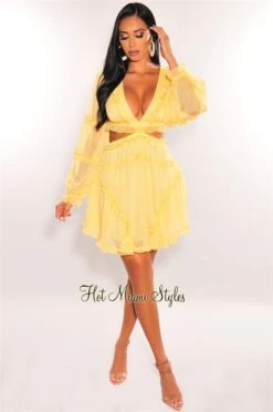 Yellow Ruffle Cut Out Lace Up Long Sleeves Dress -Miamis Style Shop yellow ruffle cut out lace up long sleeves dress hot miami styles 920807