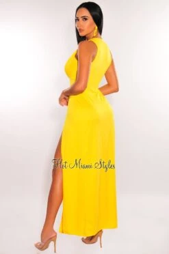 Yellow Sleeveless V Neck Double Slit Cover Up Maxi Dress -Miamis Style Shop yellow sleeveless v neck double slit cover up maxi dress hot miami styles 471954