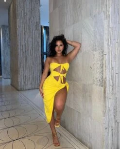 Yellow Strapless Tie Up Cut Out Slit Midi Dress -Miamis Style Shop yellow strapless tie up cut out slit midi dress hot miami styles 524921