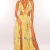 Yellow Tie Dye O-Ring Cut Out Gold Belted Double Slit Maxi Dress