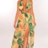 Yellow Tropical Palm Print Halter Padded Belted Slit Maxi Dress