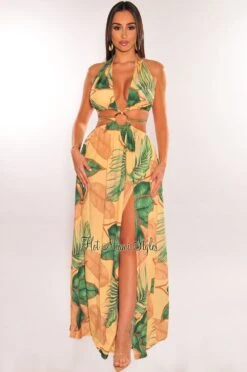 Yellow Tropical Palm Print Halter Padded Belted Slit Maxi Dress -Miamis Style Shop yellow tropical palm print halter padded belted slit maxi dress hot miami styles 470068