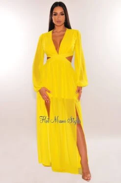 Yellow V Neck Long Sleeve Cut Out Double Slit Maxi Dress