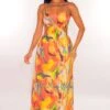 Yellow Watercolor Print O Ring Cut Out Maxi Dress