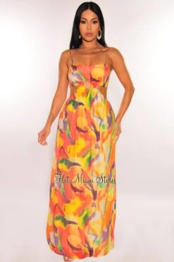Yellow Watercolor Print O Ring Cut Out Maxi Dress